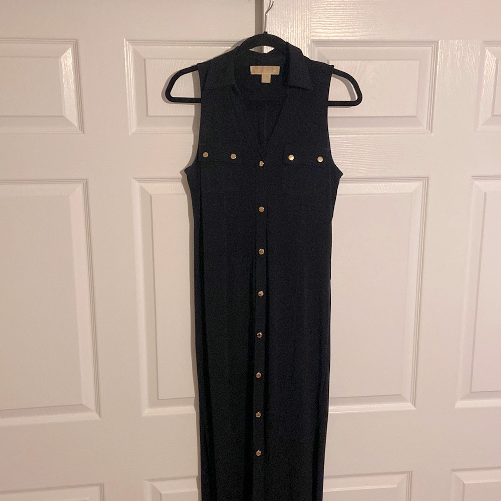 Michael Kors Navy Matte Jersey Front Button Maxi with Cognac Belt for Waist